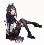  0_(znanimo) 1girl absurdres animal_ears arknights black_footwear black_hair black_legwear black_shorts commentary ear_piercing expressionless extra_ears from_side full_body hair_between_eyes highres jacket knees_up legwear_under_shorts long_hair looking_at_viewer multicolored_hair orange_eyes pantyhose piercing red_hair shoes shorts simple_background sitting solo streaked_hair symbol-only_commentary tail texas_(arknights) thigh_strap white_background white_jacket wolf_ears wolf_girl wolf_tail 