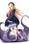  1girl abigail_williams_(fate) bangs black_bow black_dress black_footwear black_headwear blonde_hair blue_eyes blush bow commentary dress english_commentary fate/grand_order fate_(series) fog hair_bow hat highres kama_(kama_ovo) long_hair long_sleeves looking_at_viewer multiple_bows orange_bow parted_bangs simple_background sleeves_past_wrists smile solo standing stuffed_toy tentacles very_long_hair white_background 