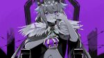  1girl bangs cape crossed_legs crown enna_alouette eyebrows_behind_hair feather_trim highres king_(vocaloid) moonie mouth_pull nijisanji nijisanji_en parody purple_eyes purple_theme sitting smile solo spot_color throne virtual_youtuber 