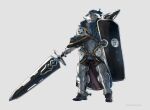  ambiguous_gender armor artist_name boots facing_viewer fantasy full_body grey_headwear helmet highres holding holding_shield holding_weapon joshua_leupen knight original shield simple_background spurs standing watermark weapon 