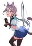  +_+ 1girl akebono_(kancolle) animal_ears bell black_legwear blue_skirt blush brown_gloves cat_ears cat_girl cat_tail extra_ears fang fish flower gloves green_sailor_collar hair_bell hair_between_eyes hair_flower hair_ornament highres jingle_bell kantai_collection long_hair open_mouth pink_flower pleated_skirt porupurucha purple_eyes purple_hair remodel_(kantai_collection) sailor_collar saury school_uniform serafuku short_sleeves side_ponytail simple_background skirt solo tail thighhighs white_background zettai_ryouiki 