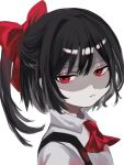  1girl ascot bangs black_hair bow closed_mouth collared_shirt cookie_(touhou) expressionless hair_bow hirunebu_oekaki looking_at_viewer looking_to_the_side medium_hair ponytail red_ascot red_bow red_eyes shaded_face shirt simple_background siyudi_(cookie) solo suspenders upper_body white_background white_shirt 