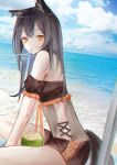  0_(znanimo) 1girl absurdres animal_ears arknights bare_shoulders beach beach_umbrella bikini black_bikini black_hair blue_sky cloud day drinking_straw_in_mouth ear_piercing eyebrows_visible_through_hair from_side highres long_hair off-shoulder_bikini off_shoulder orange_eyes piercing sand sitting sky solo swimsuit tail texas_(arknights) umbrella water wolf_ears wolf_girl wolf_tail 