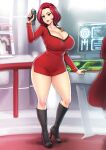  1girl boots breasts cleavage commission dress erkaz full_body green_eyes hand_up high_heel_boots high_heels highres huge_breasts long_sleeves medium_hair original parted_lips phaser red_dress red_hair shadow short_dress solo standing star_trek 