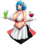  1girl absurdres apron bangs bare_shoulders blue_hair bow breasts cleavage cowboy_shot cup drink erkaz eyebrows_visible_through_hair highres holding huge_breasts medium_hair midriff navel original red_bow red_eyes rina_atherina simple_background sleeveless solo white_apron white_background 