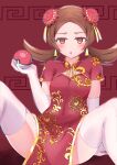  1girl :o alternate_costume arm_support blush brown_eyes brown_hair bun_cover chinese_clothes cleavage_cutout clothing_cutout commentary_request covered_navel dress elbow_gloves eyelashes gloves highres holding holding_poke_ball long_hair lyra_(pokemon) m_legs poke_ball poke_ball_(basic) pokemon pokemon_(game) pokemon_hgss red_dress shishitou sitting solo spread_legs thighhighs twintails white_gloves white_legwear 