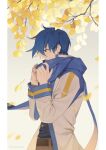  1boy 1c3ink3tk4n autumn autumn_leaves blue_eyes blue_hair coat from_side hands_up highres kaito_(vocaloid) long_sleeves male_focus nail_polish scarf short_hair solo vocaloid 
