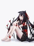  0_(znanimo) 1girl absurdres alternate_costume animal_ears ankleband arknights barefoot black_collar black_dress black_hair collar dress flower full_body hair_ribbon highres knees_up long_hair looking_at_viewer orange_eyes red_flower red_ribbon ribbon simple_background sitting solo tail texas_(arknights) very_long_hair white_background wolf_ears wolf_tail 