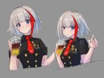  1girl admiral_graf_spee_(azur_lane) admiral_graf_spee_(girl&#039;s_sunday)_(azur_lane) azur_lane black_dress blue_eyes breasts buttons double-breasted dress drinking drinking_straw eyebrows_visible_through_hair grey_background grey_hair looking_at_viewer medium_breasts medium_hair multicolored_hair necktie official_alternate_costume red_hair red_necktie short_necktie short_sleeves simple_background solo streaked_hair two-tone_hair upper_body waa!_okami 