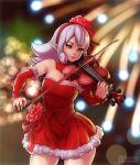  1girl artist_name bangs bare_shoulders blurry blurry_background borrowed_character bow_(music) brown_eyes cowboy_shot detached_sleeves dress erkaz fallecimiento_melodia fireworks flower fur_trim hairband highres instrument long_hair music original playing_instrument pointy_ears red_dress red_flower red_hairband red_ribbon_army red_sleeves solo strapless strapless_dress violin white_hair 
