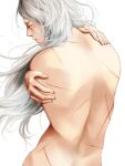  1boy back closed_mouth final_fantasy final_fantasy_vi hiromyan long_hair male_focus nude scar scar_across_eye self_hug setzer_gabbiani silver_hair simple_background solo topless_male white_background 