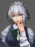  1girl axe_r18 bangs blue_eyes blue_vest bow bowtie braid closed_mouth commentary_request green_bow green_bowtie green_ribbon grey_background grey_hair hair_between_eyes hair_ribbon hand_on_own_face izayoi_sakuya looking_at_viewer maid_headdress puffy_short_sleeves puffy_sleeves ribbon shirt short_hair short_sleeves side_braid simple_background single_braid smile solo touhou upper_body vest white_shirt 