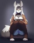  1girl animal_ears bangs braid breasts brown_eyes brown_legwear brown_sweater cameltoe cleavage colored_skin commission furry furry_female gradient gradient_background grey_background grey_skin highres large_breasts long_hair long_sleeves original smile solo squatting suelix sweater tail thighhighs toeless_legwear wolf_ears wolf_girl wolf_tail 