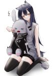  &gt;_&lt; 0_(znanimo) 1girl absurdres animal_ears arknights black_hair black_jacket black_legwear black_shorts cheek_pinching earclip full_body grey_footwear grey_shirt hair_between_eyes highres jacket lappland_(arknights) long_hair looking_at_viewer pinching shirt shorts simple_background sitting sleeveless sleeveless_shirt slippers solo stuffed_animal stuffed_bunny stuffed_toy tail texas_(arknights) thighhighs triangle_mouth white_background wolf_ears wolf_girl wolf_tail yellow_eyes yokozuwari zettai_ryouiki 