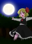  1girl ascot black_skirt black_vest blonde_hair collared_shirt eyebrows_visible_through_hair fang grass hair_ribbon happy haramin3 highres moon open_mouth outdoors outstretched_arms red_eyes red_neckwear red_ribbon ribbon rumia shirt short_hair skirt spread_arms touhou vest white_shirt 