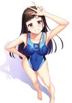  1girl bangs barefoot blunt_bangs brown_eyes brown_hair commentary competition_swimsuit covered_navel covered_nipples from_above full_body grin highres kuri_(kurigohan) leaning_forward long_hair looking_at_viewer md5_mismatch mizuno one-piece_swimsuit original shadow smile solo swimsuit v 