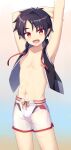  1boy abs arms_up black_hair black_vest commentary_request cowboy_shot highres male_focus male_swimwear open_clothes open_vest original pointy_ears red_eyes ryuuki_(eruk8993) see-through short_hair shorts smile solo standing swim_briefs vest 