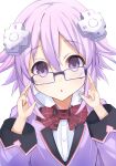  1girl adjusting_eyewear bimmy blazer blush bow bowtie d-pad d-pad_hair_ornament eyebrows_visible_through_hair gekijigen__blanc_+_neptune_vs_zombie_gundan glasses hair_between_eyes hair_ornament highres jacket long_sleeves looking_at_viewer medium_hair neptune_(neptune_series) neptune_(series) open_mouth purple_eyes purple_hair school_uniform shirt simple_background solo upper_body white_background white_shirt 