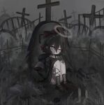  1girl aiu_. angel angel_wings bandaged_leg bandages bandaid bandaid_on_knee bangs black_flower black_hair black_shirt book book_stack brown_footwear candle commentary_request cross flower grave graveyard grey_eyes grey_legwear hair_between_eyes hair_ornament hair_ribbon hairband halo highres loafers long_sleeves looking_at_viewer no_nose on_ground original rain ribbon shirt shoes signature sitting sleeves_past_fingers sleeves_past_wrists socks solo tombstone wings 