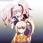 2girls adjusting_another&#039;s_hair bangs bear_hair_ornament black_shirt bow brown_eyes closed_eyes closed_mouth collarbone commentary_request danganronpa:_trigger_happy_havoc danganronpa_(series) enoshima_junko eyebrows_visible_through_hair gradient gradient_background grey_background hair_ornament hand_up highres holding holding_hair japanese_clothes kimono korean_commentary korean_text looking_at_viewer miniskirt multiple_girls obi orange_kimono pleated_skirt red_bow red_skirt saionji_hiyoko sash shiny shiny_hair shirt short_sleeves skirt smile tansug_(tansuk88) translation_request twintails 