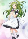  1girl alternate_costume apron black_dress black_footwear commentary_request crescent crescent_hair_ornament crescent_pin dress enmaided eyebrows_visible_through_hair frilled_apron frills fuji_(pixiv24804665) full_body green_eyes green_hair hair_ornament hands_on_own_chest highres kantai_collection long_hair maid maid_headdress mary_janes nagatsuki_(kancolle) shoes solo white_apron white_legwear 