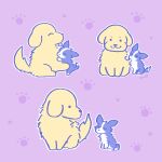  :3 absurdres artist_name chihuahua closed_mouth dog full_body golden_retriever highres hug looking_at_another looking_at_viewer no_humans olivia_(shkm2443) original paw_print purple_background simple_background sitting tongue tongue_out 