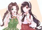  2girls :d aerith_gainsborough bangs bow bowtie breasts brown_bow brown_bowtie brown_hair brown_nails brown_necktie dangle_earrings detached_sleeves dress earrings final_fantasy final_fantasy_vii final_fantasy_vii_remake fingernails food green_dress green_eyes hair_ribbon highres holding holding_food holding_pocky jewelry kt9_ct large_breasts long_hair looking_at_viewer low-tied_long_hair maid_headdress medium_breasts multiple_girls necktie one_eye_closed parted_bangs pocky polka_dot polka_dot_background ponytail puffy_sleeves purple_eyes red_dress red_nails ribbon signature smile swept_bangs tifa_lockhart tri_drills upper_body 