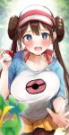  1girl bangs blurry blush breasts brown_hair depth_of_field double_bun embarrassed highres holding holding_poke_ball large_breasts legwear_under_shorts long_hair looking_at_viewer open_hand open_mouth pantyhose poke_ball poke_ball_(basic) poke_ball_print pokemon pokemon_(game) pokemon_bw2 print_shirt raglan_sleeves raised_eyebrows rosa_(pokemon) rouka_(akatyann) shirt shorts snivy solo sweat tears twintails very_long_hair visor_cap yellow_shorts 