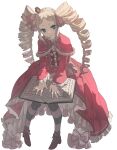  1girl :&lt; absurdres bangs beatrice_(re:zero) blonde_hair blue_eyes book book_on_lap bow capelet commentary crown dress drill_hair frilled_dress frills full_body fur-trimmed_capelet fur_trim hair_bow highres long_hair long_sleeves looking_at_viewer mini_crown neck_ribbon open_book pantyhose parted_bangs pink_bow pink_ribbon pom_pom_(clothes) re:zero_kara_hajimeru_isekai_seikatsu red_capelet red_dress red_footwear ribbon shoes sidelocks simple_background solo tachibana_wataru_(123tsuki) tilted_headwear twin_drills twintails white_background 