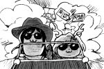  2girls :3 antlers bkub_(style) car chibi commentary_request cowboy_hat dragon_horns explosion greyscale ground_vehicle hat horns houzuki_(hotondo) kicchou_yachie kurokoma_saki monochrome motor_vehicle multiple_girls parody poptepipic sunglasses touhou translated 