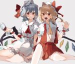  2girls alcohol ascot bangs bat_wings belt blonde_hair bow breasts closed_mouth collar collared_dress collared_shirt crystal cup dress drinking_glass eyebrows_visible_through_hair fang fangs flandre_scarlet glass gominami grey_background grey_hair hair_between_eyes hand_up hat hat_bow highres jewelry kneehighs looking_at_viewer medium_breasts mob_cap multicolored_wings multiple_girls one_side_up open_clothes open_mouth open_vest pointy_ears red_ascot red_belt red_bow red_eyes red_ribbon red_skirt red_vest remilia_scarlet ribbon shirt short_hair simple_background sitting skirt smile teeth tongue touhou vest white_dress white_headwear white_legwear white_shirt wine wine_glass wings wrist_cuffs yellow_ascot 