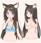  1girl aina_(mao_lian) animal_ears blue_bra blue_eyes blush bra breasts brown_hair cat_ears cat_girl closed_mouth completely_nude grey_background hand_up long_hair looking_at_viewer mao_lian_(nekokao) medium_breasts multiple_views navel nude original slit_pupils smile underwear 