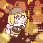  1girl bee bee_wings blonde_hair blue_eyes blush_stickers bug bulga chat_log english_text flying hololive hololive_english honey honeycomb_(pattern) honeycomb_background livestream mixed-language_text stinger virtual_youtuber watson_amelia wings 