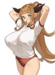  1girl arms_up black_scrunchie blonde_hair breasts buruma cowboy_shot draph glasses granblue_fantasy green_eyes gym_shirt gym_uniform hair_ribbon hair_tie_in_mouth highres horns houtengeki large_breasts long_hair looking_at_viewer mouth_hold pointy_ears ponytail red_buruma ribbon round_eyewear sarya_(granblue_fantasy) scrunchie shirt solo thighs tying_hair wrist_scrunchie 