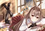  1girl bag black_legwear book book_stack bookshelf brown_capelet brown_cloak brown_corset brown_hair capelet cloak closed_mouth feather_hair_ornament feathers friend_(nanashi_mumei) gloves hair_ornament hato_74 hololive hololive_english indoors legs_up long_hair looking_at_viewer lying nanashi_mumei on_stomach paper_bag partially_fingerless_gloves pleated_skirt ponytail red_skirt skirt smile thighhighs virtual_youtuber window yellow_eyes 