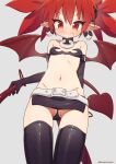  1girl belt black_bra black_gloves black_legwear black_skirt blush bra closed_mouth commentary demon_tail demon_wings disgaea earrings elbow_gloves english_commentary etna flat_chest gloves grey_background highres jewelry looking_at_viewer microskirt mixed-language_commentary mountain_han navel petite pointy_ears red_eyes red_hair simple_background skirt skull_earrings slit_pupils smile solo spread_wings standing tail thighhighs twintails underwear upskirt white_belt wings 