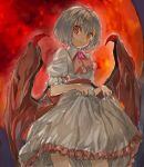  1girl ascot bangs bat_wings blue_hair brooch commentary_request dress frilled_shirt_collar frills jewelry konabetate looking_at_viewer moon no_hat no_headwear pink_ascot puffy_short_sleeves puffy_sleeves red_eyes red_moon remilia_scarlet sash short_hair short_sleeves solo touhou white_dress wings 