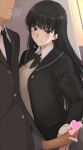  1boy 1girl amagami assertive_female ayatsuji_tsukasa bangs black_eyes black_hair blouse blush bow bowtie breasts censored coat femdom handjob long_hair looking_at_viewer mobu necktie penis school_uniform skirt smile standing sweater 