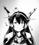  1girl animal_on_head apron bird bird_on_head elbow_gloves fingerless_gloves gloves greyscale hands_on_own_face kantai_collection long_hair looking_up monochrome nagato_(kancolle) on_head puka_puka shirouri smile solo upper_body 