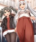  2girls absurdres bag black_jacket black_legwear blush brown_eyes commentary_request eyebrows_visible_through_hair green_eyes green_hair hair_ribbon hairband handbag highres holding jacket kantai_collection long_hair long_skirt multiple_girls official_alternate_costume open_mouth panties pantyhose red_hairband red_shirt red_skirt ribbon shirt shoukaku_(kancolle) skirt smile twintails underwear white_hair white_panties white_ribbon white_shirt zanntetu zuikaku_(kancolle) 