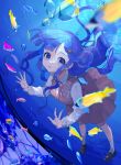  1girl :o against_wall asari_nanami bangs blue_eyes blue_hair blunt_bangs blurry blurry_foreground breasts clownfish depth_of_field dutch_angle fish fish_hair_ornament floating_hair glass glass_wall hair_ornament highres idolmaster idolmaster_cinderella_girls kneehighs leaning_forward light_rays looking_at_viewer looking_up medium_breasts neck_ribbon pleated_skirt ribbon school_uniform skirt solo underwater white_legwear yam_(htt) 