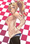  1girl :p black_legwear blonde_hair blue_eyes blue_shorts breasts check_commentary checkered checkered_background clothing_cutout commentary_request eyebrows_visible_through_hair granblue_fantasy highres long_hair looking_at_viewer medium_breasts pantyhose ponytail shorts shoulder_cutout solo sweater tekkai_blade tongue tongue_out white_sweater zeta_(granblue_fantasy) 