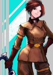  1girl armband belt brown_eyes brown_hair choker commentary contrapposto gloves highres holding holding_whip looking_at_viewer military military_uniform short_hair solo the_king_of_fighters thigh_strap uniform whip whip_(kof) yuu_(primenumber7) 