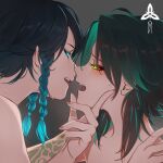  2boys androgynous aqua_eyes aqua_hair arm_tattoo black_hair braid commentary deymara eye_contact eyeshadow genshin_impact glowing glowing_eyes grabbing_another&#039;s_chin gradient_hair green_hair half-closed_eyes hand_on_another&#039;s_chin hand_on_another&#039;s_shoulder highres imminent_kiss looking_at_another makeup multicolored_hair multiple_boys nude open_mouth short_hair_with_long_locks sweat sweatdrop tattoo twin_braids two-tone_hair venti_(genshin_impact) watermark xiao_(genshin_impact) yaoi yellow_eyes 