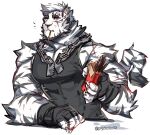  1boy animal_ears arknights bara black_tank_top chain_necklace food furry furry_male graysheartart large_pectorals male_focus mountain_(arknights) muscular muscular_male pectorals pocky scar scar_across_eye scar_on_arm scar_on_face tank_top tiger_ears white_fur 