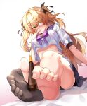 1girl absurdres barefoot between_toes black_legwear blonde_hair blush crop_top eyepatch feet fischl_(genshin_impact) food foot_focus foreshortening genshin_impact hair_ornament hair_ribbon hairclip hand_up highres incoming_food long_hair looking_at_viewer pengrani pleated_skirt pocky pocky_day ribbon sailor_collar school_uniform serafuku shirt single_thighhigh sitting skirt solo thighhighs thighs toes two_side_up v-shaped_eyebrows very_long_hair white_shirt yellow_eyes 
