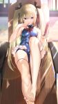  1girl absurdres bangs bare_arms bare_shoulders barefoot beach_chair blonde_hair blue_eyes blue_swimsuit blurry blurry_background bow breasts commentary_request day dead_or_alive dead_or_alive_5 feet food foreshortening frills hair_bow hair_ornament highres holding long_hair looking_at_viewer marie_rose marie_rose_(devilish_servant_against_the_splashing_waves) medium_breasts nanaken_nana one-piece_swimsuit outdoors pocky pocky_day sitting sleeveless smile solo swimsuit thighs tied_hair toes twintails x_hair_ornament 