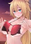  1girl akai_haato aqua_eyes bangs bikini blonde_hair breasts eyebrows_visible_through_hair h2o_(ddks2923) hair_ribbon highres hololive large_breasts looking_at_viewer one_side_up parted_lips red_bikini red_ribbon ribbon smile solo swimsuit virtual_youtuber 