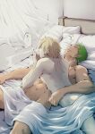  2boys abs absurdres bed_sheet blonde_hair cigarette couple dark-skinned_male dark_skin earrings feet_out_of_frame green_hair highres interracial jewelry lying lying_on_person male_focus multiple_boys naked_sheet on_back on_bed on_stomach one_piece pectorals pra_(prapon0904) roronoa_zoro sanji short_hair sideburns single_earring sleeping smoking sweat toned toned_male translation_request wind yaoi 
