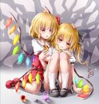  2girls absurdres ascot bangs black_bow black_footwear black_legwear black_ribbon black_skirt black_vest blonde_hair bow chinese_commentary commentary_request crying crystal dual_persona eyebrows_visible_through_hair fang feng_ling_(fenglingwulukong) flandre_scarlet frilled_shirt frilled_shirt_collar frilled_skirt frills frown hat hat_ribbon highres kneehighs mary_janes medium_hair mob_cap multiple_girls one_side_up open_mouth puffy_short_sleeves puffy_sleeves rainbow_order red_bow red_eyes red_footwear red_ribbon red_skirt red_vest ribbon sad shirt shoes short_hair short_sleeves skirt tears touhou vest wavy_hair white_legwear white_shirt wings yellow_ascot 